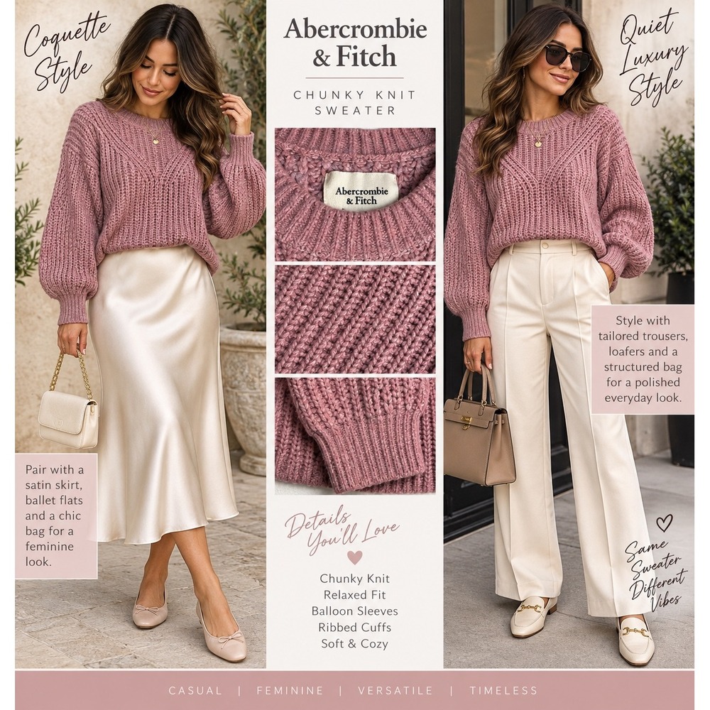 Abercrombie & Fitch Pink Chunky Knit Balloon Sleeve Sweater Medium Quiet Luxury